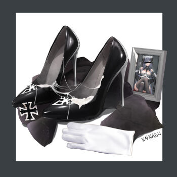 1girl artist_name bar_censor black_footwear black_thighhighs border breasts censored censored_identity cleavage cross crossed_legs cum cum_on_body cum_on_feet curled_horns drawing_(object) gloves grey_border grey_hair high_heels highres holding holding_photo horns iron_cross large_breasts long_hair mechanical_horns photo_(object) picture_frame portrait_(object) purple_hair shoes simple_background sitting solo stiletto_heels thighhighs unworn_shoes white_background white_gloves xnnagu