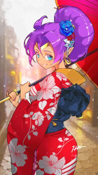 1girl absurdres alternate_costume blue_eyes blue_flower blue_sash blurry blurry_background breasts circlet commentary cowboy_shot dark-skinned_female dark_skin day earrings film_grain fingernails floral_print floral_print_kimono flower furisode gold_circlet grin hair_between_eyes hair_flower hair_ornament han'eri highres holding holding_umbrella hoop_earrings itou_kazuki japanese_clothes jewelry kanzashi kimono long_fingernails long_pointy_ears medium_breasts nail_polish obi obijime oil-paper_umbrella outdoors pinky_out pointy_ears print_kimono purple_hair purple_nails red_kimono sash shantae shantae_(series) signature smile solo standing umbrella umbrella_over_shoulder