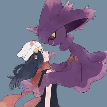 1girl 1other beanie black_hair blue_background colored_sclera commentary_request dawn_(pokemon) eye_contact floating gen_4_pokemon hat highres hime_(himetya105) long_hair looking_at_another mismagius nintendo open_mouth pokemon pokemon_(creature) pokemon_dppt purple_hat red_eyes simple_background sweat white_hat witch_hat yellow_sclera