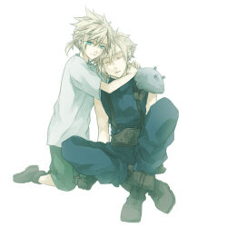 Rule 34 | 2boys, aged down, armor, arms around neck, bad source, belt, bisuko, blonde hair, blue eyes, blue pants, blue sweater, boots, brown footwear, closed eyes, cloud strife, crossed legs, crying, final fantasy, final fantasy vii, frown, full body, green pants, head on another&#039;s shoulder, kneeling, looking to the side, low ponytail, male focus, multiple boys, pants, pauldrons, sad, shirt, short hair, short ponytail, shoulder armor, simple background, single pauldron, sitting, sleeveless, sleeveless sweater, sleeveless turtleneck, spiked hair, suspenders, sweater, third-party source, time paradox, turtleneck, turtleneck sweater, white background, white shirt