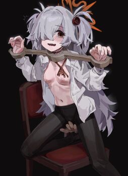 1girl a_tea absurdres bdsm black_background black_pantyhose blue_archive blush bondage bound bound_wrists bow bowtie breasts brown_eyes chair collared_shirt commentary_request female_focus grey_hair hair_over_one_eye halo highres kanoe_(blue_archive) long_hair looking_to_the_side navel nipples no_bra on_chair open_clothes pantyhose pillory red_bow red_bowtie restrained shirt simple_background small_breasts solo steel_stocks stocks stomach twintails unbuttoned unbuttoned_shirt very_long_hair white_shirt