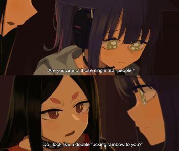 2girls arknights black_hair commentary dobermann_(arknights) english_commentary english_text headset highres hinami047 jessica_(arknights) long_hair mole mole_under_eye multiple_girls parody portrait profanity profile purple_hair red_eyes sad scene_reference subtitled tearing_up tears whiplash_(2014_movie)