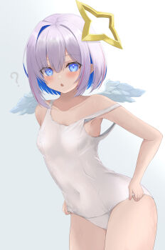 1girl ? absurdres adjusting_clothes adjusting_swimsuit alternate_costume amane_kanata angel_wings blue_hair blush bob_cut breasts collarbone colored_inner_hair covered_navel cowboy_shot curious feathered_wings grey_background hair_between_eyes hair_intakes halo highres hololive leaning_forward looking_at_viewer medium_breasts multicolored_hair nishiki_vx one-piece_swimsuit open_mouth pink_hair short_hair sidelocks simple_background solo star_halo strap_slip streaked_hair swimsuit variant_set virtual_youtuber white_hair white_one-piece_swimsuit white_wings wings