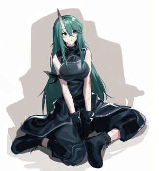 1girl arknights arm_scarf armor bare_shoulders between_legs black_boots black_gloves black_shirt boots breastplate breasts chinese_commentary clothes_around_waist commentary_request derivative_work facial_scar full_body gloves green_hair hair_between_eyes hand_between_legs highres horns hoshiguma_(arknights) jacket jacket_around_waist long_hair looking_at_viewer scar scar_on_cheek scar_on_face shirt single_horn sitting skin-covered_horns sleeveless solo very_long_hair wushui_zhan_nao_geng
