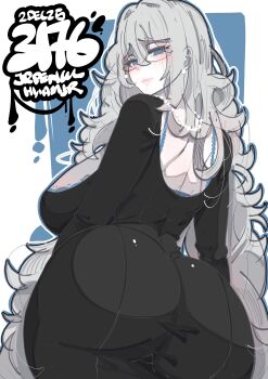 1girl absurdres artist_name ass black_dress blue_eyes bra bra_peek breasts commentary cowboy_shot curvy double-parted_bangs dress english_commentary from_behind glasses grey_hair hair_between_eyes highres huge_ass huge_breasts jrpencil long_hair looking_at_viewer looking_back original parted_lips raised_inner_eyebrows smirk solo underwear
