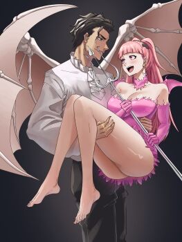 1boy 1girl absurdres bat_wings blunt_bangs brown_hair carrying carrying_person claude_von_riegan commission couple dark-skinned_male dark_skin demon_wings dress fire_emblem fire_emblem:_three_houses green_eyes highres hilda_valentine_goneril holding holding_polearm holding_weapon nintendo open_mouth pink_dress pink_eyes pink_hair polearm ririvart second-party_source short_dress trident twintails weapon wide_sleeves wings