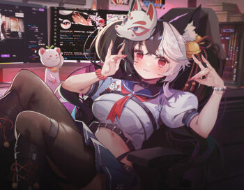 Rule 34 | 1girl, animal ear fluff, animal ears, bell, belt, black belt, black boots, black hair, blue sailor collar, blue skirt, boots, breasts, closed mouth, commentary, cropped shirt, daikazoku63, double fox shadow puppet, english commentary, fox mask, fox shadow puppet, gammainkk, hair bell, hair ornament, indie virtual youtuber, mask, mask on head, monitor, multicolored hair, navel, neckerchief, pink eyes, pink nails, red neckerchief, sailor collar, shadow, shirt, skirt, split-color hair, thighhighs, virtual youtuber, white hair, white shirt