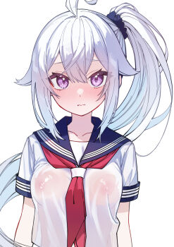 1girl absurdres blue_eyes commentary_request covered_erect_nipples hair_ornament hair_scrunchie highres long_hair neckerchief no_bra original red_neckerchief school_uniform scrunchie see-through_clothes see-through_shirt serafuku shirono_mirai shirt side_ponytail solo white_background white_hair zero_(miraichizu)
