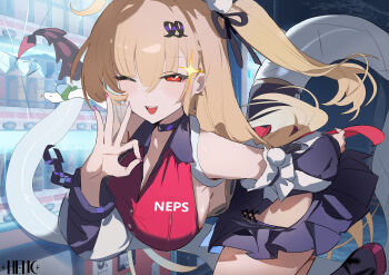 Rule 34 | 1girl, ahoge, bare shoulders, blonde hair, breasts, chalky (zenless zone zero), chinese commentary, cissia (zenless zone zero), commentary request, detached sleeves, hair between eyes, helic (7317helic), highres, large breasts, leotard, long hair, looking at viewer, multicolored leotard, ok sign, one eye closed, open mouth, pink nails, red eyes, snake, snake girl, snake tail, solo, tail, two-tone leotard, vending machine, white snake, zenless zone zero
