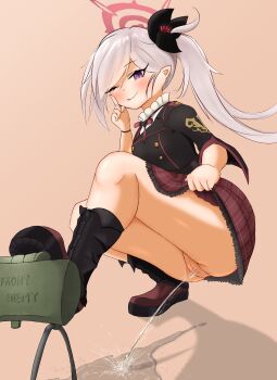 1girl absurdres black_shirt black_socks blue_archive blush bracelet brown_shoes censored claymore_(mine) explosive flower grey_hair hair_flower hair_ornament halo highres index_finger_raised jewelry long_hair looking_at_viewer mine_(weapon) mutsuki_(blue_archive) neck_ribbon no_panties one_eye_closed peeing plaid_clothes plaid_skirt ponytail puddle purple_eyes pussy red_ribbon red_skirt ribbon school_uniform shirt shoes short_sleeves side_ponytail skirt smile socks squatting tenran_(77608006) tongue tongue_out wink