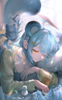 1girl absurdres animal_ears aqua_hair bed blue_hair breasts closed_eyes closed_mouth drink_carton highres large_breasts long_hair looking_at_viewer milk_carton mishiya_(misiya_dream) one_eye_closed ribbon rieri_(vtuber) snow tail virtual_youtuber yellow_eyes