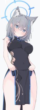 1girl absurdres animal_ear_fluff animal_ears black_dress blue_archive blue_eyes breasts china_dress chinese_clothes commentary cross_hair_ornament dress extra_ears grey_hair hair_ornament halo highres mismatched_pupils nui_(nuinui0300) shiroko_(blue_archive) solo translation_request variant_set wolf_ears