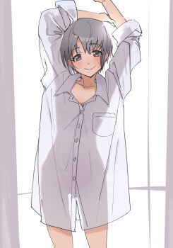 1girl arms_up commentary_request flat_chest grey_eyes grey_hair idolmaster idolmaster_cinderella_girls kawaty looking_at_viewer naked_shirt otokura_yuuki see-through_clothes see-through_shirt see-through_silhouette shirt short_hair smile solo