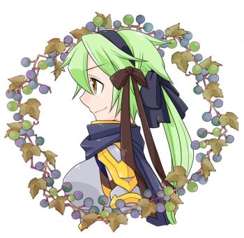 Rule 34 | 1girl, armor, black hairband, black scarf, blueberry, boobplate, bow, breastplate, brown bow, brown eyes, closed mouth, commentary request, food, fruit, green hair, hair bow, hairband, long hair, looking afar, oekakipikki, pauldrons, profile, ragnarok online, rune knight (ragnarok online), scarf, shoulder armor, smile, solo, upper body, white background, wreath