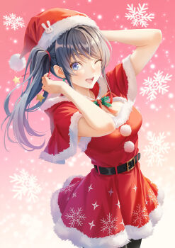 1girl ;d arms_up belt belt_buckle black_hair black_pantyhose blue_eyes blush breasts buckle capelet christmas_tree_earrings cleavage commentary cowboy_shot dress english_commentary fur-trimmed_capelet fur-trimmed_dress fur-trimmed_headwear fur_trim gradient_background hair_ribbon hat hat_ornament highres holly long_hair looking_at_viewer medium_breasts one_eye_closed open_mouth pantyhose pink_background pom_pom_(clothes) print_dress red_capelet red_dress red_hat red_ribbon redpoke ribbon sakurajima_mai santa_costume santa_dress santa_hat seishun_buta_yarou side_ponytail smile snowflake_print snowflakes solo star_(symbol) strapless strapless_dress swept_bangs teeth tying_hair upper_teeth_only