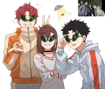 1girl 2boys abduction alien_sunglasses animal ayase_momo black_choker black_hair brown_hair choker collarbone commentary cow crossed_arms dandadan double_v earrings flying_sweatdrops grin hair_behind_ear hair_between_eyes height_difference highres hood hood_down hoodie jacket jewelry enjoji_jin long_sleeves looking_at_viewer medium_hair multiple_boys open_mouth parted_lips photo-referenced red_hair reference_inset shirt short_hair simple_background smile sparkle sunglasses symbol-only_commentary takakura_ken_(dandadan) track_jacket tractor_beam ufo upper_body v v-neck white_background white_hoodie white_shirt wolf6481 zipper