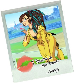 1girl artist_self-insert breasts brown_hair cleavage cosplay female_focus gen_1_pokemon glasses green_eyes hizzacked hizzy_(hizzacked) lipstick_mark long_hair multicolored_hair nail_polish nintendo original pikachu pikachu_(cosplay) pokemon ponytail pun self-portrait solo transparent_background two-tone_hair