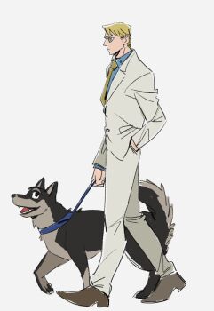 1boy blonde_hair blue_shirt brown_shoes collar collared_shirt dog formal_clothes full_body goggles grey_jacket grey_pants grey_suit hand_in_pocket highres holding holding_leash jacket jujutsu_kaisen leash long_sleeves male_focus mcbuckwheat nanami_kento necktie pants pet_walking shirt shoes short_hair solo standing suit white_background yellow_necktie