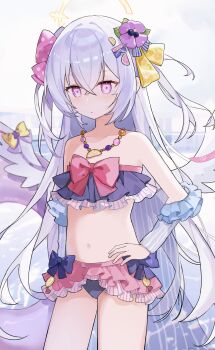 Rule 34 | 1girl, absurdres, arm warmers, artist name, azusa (blue archive), azusa (swimsuit) (blue archive), bikini, blue archive, blue bikini, bow, bow bikini, chinese commentary, closed mouth, collarbone, commentary, cowboy shot, crossed bangs, double-parted bangs, flower, hair between eyes, hair bow, hair flower, hair ornament, halo, hand on own hip, hand up, highres, innertube, jewelry, long hair, navel, necklace, one side up, otarc, pink bow, pink eyes, polka dot, polka dot bow, purple hair, ruffle bikini, solo, strapless, strapless bikini, swim ring, swimsuit, yellow bow, yellow halo