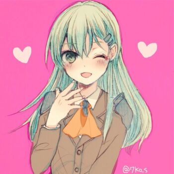 Rule 34 | 1girl, ascot, blue hair, blush, brown jacket, collared shirt, green eyes, hair between eyes, hair ornament, hairclip, heart, jacket, kantai collection, long hair, long sleeves, looking at viewer, one eye closed, open mouth, orange ascot, pink background, sanada nako, shirt, simple background, solo, suzuya (kancolle), twitter username, upper body, white shirt