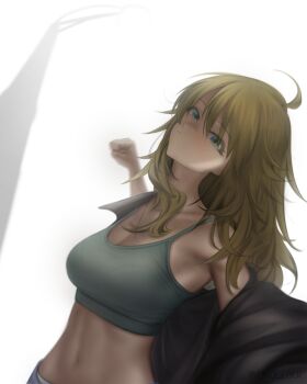 1girl absurdres ahoge blonde_hair breasts closed_mouth commentary fivoclock green_eyes green_sports_bra highres hoshii_miki idolmaster idolmaster_(classic) incoming_attack incoming_punch korean_girl_in_a_gru_scarf_punching_(meme) long_hair looking_at_viewer meme midriff navel punching solo sports_bra symbol-only_commentary twitter_username white_background