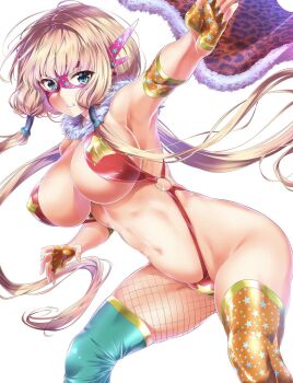 1girl animal_print asymmetrical_legwear athletic_leotard blonde_hair blue_eyes breasts cape clenched_teeth covered_erect_nipples fingerless_gloves fur-trimmed_cape fur_trim gloves highleg highleg_leotard highres karen_puella_eurydice large_breasts leopard_print leotard long_hair low_twintails mask mismatched_legwear navel o-ring official_art print_cape print_thighhighs ran_(yamatoagu) revealing_clothes solo star_(symbol) star_print teeth thighhighs twintails very_long_hair wrestler wrestling_outfit yoshibari_aubade