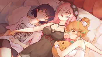 3girls absurdres breasts closed_eyes drooling earrings feather_earrings feathers gradient_hair highres hololive hololive_english holomyth iennie jewelry kfp_employee_(takanashi_kiara) large_breasts long_hair mori_calliope mori_calliope_(sleepwear) multicolored_hair multiple_girls ninomae_ina&#039;nis ninomae_ina&#039;nis_(loungewear) official_alternate_costume orange_hair pillow pink_hair pointy_ears shirt sleeping sleeping_on_person t-shirt takanashi_kiara takanashi_kiara_(cozy) virtual_youtuber