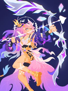 1girl ;) absurdres aiming aqua_hair arrow_(projectile) blue_eyes bow_(weapon) breasts cleavage coat commentary cyrene_(aedes_elysiae)_(honkai:_star_rail) cyrene_(honkai:_star_rail) diamond-shaped_pupils diamond_(shape) dress english_commentary halo highres holding holding_arrow holding_bow_(weapon) holding_weapon honkai:_star_rail honkai_(series) large_breasts long_hair one_eye_closed pink_hair purple_background purple_coat sandals smile solo symbol-shaped_pupils thunderglaade very_long_hair weapon white_dress