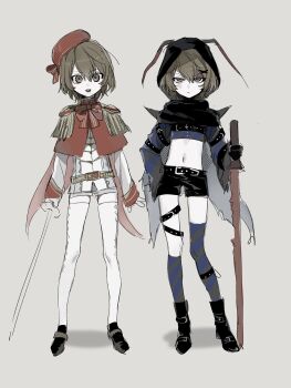 Rule 34 | 2boys, aged down, akechi gorou, black boots, black shorts, boots, bow, brown eyes, brown hair, cape, clone, closed mouth, commentary, crop top, epaulettes, grey background, grey shorts, hair ornament, hairclip, hat, highres, holding, holding sword, holding weapon, hood, hood up, jacket, looking at viewer, male focus, midriff, multiple boys, navel, open mouth, pale skin, persona, persona 5, rapier, red cape, red hat, short shorts, shorts, simple background, single sock, single thighhigh, socks, standing, sword, thighhighs, untranslatable commentary, usagi mi nagi, weapon, white thighhighs
