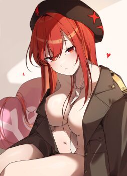 1girl absurdres alternate_costume breasts collarbone commander_(nikke) commander_(nikke)_(cosplay) commentary_request cosplay goddess_of_victory:_nikke hat heart highres insignia jacket leemun long_hair looking_at_viewer military_dress_uniform military_hat military_jacket military_uniform naked_jacket navel necktie nude official_alternate_hair_color pocket rapi_(nikke) rapi_(red_hood)_(nikke) red_hair solo white_necktie yes-no_pillow