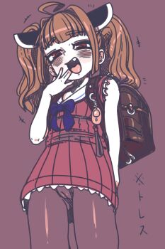 1girl ahoge backpack bag blush brown_hair cameltoe crime_prevention_buzzer dress fang flat_chest headgear highres kinakomochi_(daisuki) loli looking_at_viewer mesugaki open_mouth pantyhose randoseru red_eyes sailor_dress smile smug solo touhoku_kiritan voiceroid