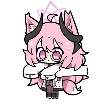 Rule 34 | animal ear fluff, animal ears, chibi, chibi only, commission, demon horns, fox ears, fox girl, fox tail, glasses, halo, highres, horns, lab coat, long hair, malrangdonut, original, pantyhose, pink eyes, pink hair, pink halo, pleated skirt, skirt, tail