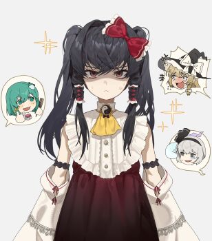 +++ 4girls :< absurdres alternate_costume alternate_hairstyle anger_vein angry ascot black_hairband blonde_hair blush bow braid brown_eyes comb detached_sleeves dress frilled_bow frilled_hair_tubes frills frog_hair_ornament frown green_eyes green_hair grey_background grey_hair hair_bow hair_ornament hair_tubes hairband hakurei_reimu hat hat_bow highres hitodama holding holding_comb kirisame_marisa kochiya_sanae konpaku_youmu konpaku_youmu_(ghost) laughing long_hair looking_at_viewer makeup multiple_girls open_mouth playable_command_(touhou) red_bow red_dress shaded_face shimiya_jin side_braid single_braid smile solo_focus sweat thumbs_up touhou twintails white_bow witch_hat yellow_ascot yin_yang