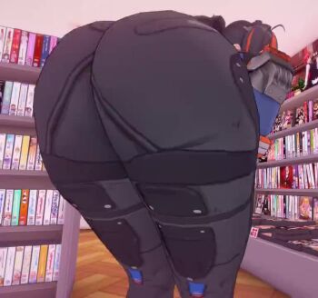 1girl 2024 3d animated ass ass_focus ass_shake black_gloves black_hair black_pants black_shoes blue_jacket blue_trim bookshelf breasts capelet clothes_writing commentary cropped_jacket english_commentary female_focus from_behind gloves hairdressing handlebar high-waist_pants holster huge_ass indoors jacket jiggle knee_pads long_hair long_sleeves multicolored_hair pants police police_uniform policewoman ponytail red_hair shoes shoulder_holster streaked_hair thick_thighs thighs two-tone_hair video white_background wily27 wooden_floor zenless_zone_zero zhu_yuan