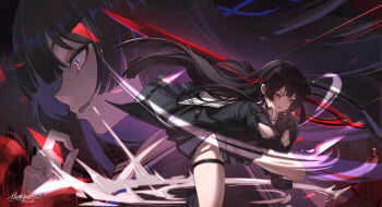 1girl absurdres arm_cutout black_hair black_jacket black_skirt chisa_(wuthering_waves) clothing_cutout commentary crazy_smile dated hair_ribbon hand_up highres holding holding_sword holding_weapon jacket long_hair long_sleeves multiple_views purple_eyes red_ribbon ribbon sailor_collar signature skirt smile sword weapon white_sailor_collar wuthering_waves yuenillus