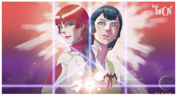 2girls back-to-back blue_eyes blue_hair dahlia_(wvya4344) densetsu_kyojin_ideon earrings green_eyes harulu_ajiba highres ideon jewelry karala_ajiba long_hair mecha multiple_girls red_hair robot siblings sisters super_robot twintails vest