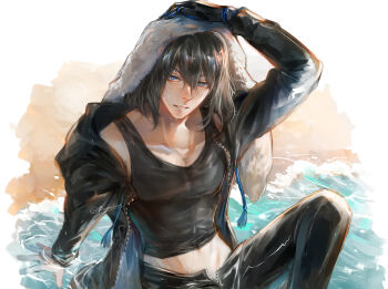 1boy arm_support black_coat black_hair black_jacket black_pants black_tank_top coat colored_extremities commentary covered_pectorals english_commentary fate/grand_order fate_(series) hand_on_own_head highres jacket long_sleeves looking_at_viewer male_focus oberon_(fate) oberon_(moody_summer_oberon)_(fate) oberon_(third_ascension)_(fate) open_fly pants parted_lips pectoral_cleavage pectorals renrenka_noi signature sitting solo tank_top toned toned_male towel towel_on_head