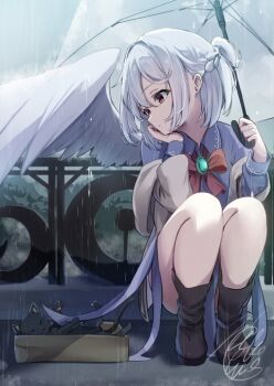 1girl black_cat boots bow bowtie braid brown_boots cat commentary_request dress feathered_wings grey_hair grey_wings half_up_braid hand_on_own_cheek hand_on_own_face holding holding_umbrella kishin_sagume long_sleeves niko_kusa outdoors purple_dress rain red_bow red_bowtie red_eyes signature single_wing solo squatting touhou transparent transparent_umbrella umbrella wings