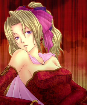 Rule 34 | 1990s (style), 1girl, bare shoulders, blonde hair, bracelet, breasts, cape, detached sleeves, earrings, female focus, final fantasy, final fantasy vi, jewelry, long hair, micco, micco kaya, pink ribbon, ponytail, purple eyes, purple ribbon, ribbon, solo, tina branford