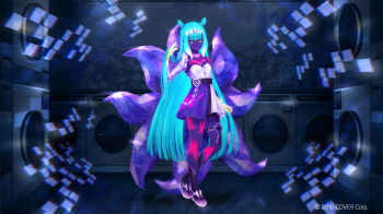 1girl ahri_(league_of_legends) ahri_(league_of_legends)_(cosplay) alternate_hair_color asymmetrical_gloves black_shoes blood blunt_bangs breasts cosplay elbow_gloves fox_tail gloves glowing glowing_clothes glowing_hair green_hair highres hololive hololive_english indoors k/da_(league_of_legends) k/da_ahri long_hair looking_at_viewer multiple_tails ninomae_ina&#039;nis orange_hair pink_blood pointy_ears purple_hair purple_skirt re_(re_09) shoes sidelocks single_elbow_glove skirt small_breasts solo standing tail teeth tentacle_hair ultraviolet_light virtual_youtuber washing_machine yellow_eyes