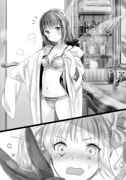 2girls blush bow bra breasts butterfly_wings cleavage collarbone fuzichoco greyscale hair_bow highres indoors insect_wings japanese_clothes kenja_no_deshi_wo_nanoru_kenja kimono looking_at_viewer mariana_(kenja) medium_breasts mira_(kendeshi) monochrome multiple_girls navel novel_illustration official_art open_clothes open_kimono open_mouth panties split_screen standing sweatdrop transparent underwear underwear_only wings