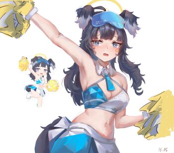 1girl absurdres ahoge animal_ears arm_up armpits blue_archive breasts cheerleader cleavage colored_skin commentary_request crop_top dog_ears dog_girl dog_tail goggles goggles_on_head hibiki_(blue_archive) hibiki_(cheer_squad)_(blue_archive) highres holding holding_pom_poms large_breasts long_hair midriff millennium_cheerleader_outfit_(blue_archive) multicolored_skin nakirikea navel open_mouth pom_pom_(cheerleading) pom_poms raised_inner_eyebrows solo sticker sticker_on_face tail two-tone_skin upper_body wavy_mouth wrist_cuffs