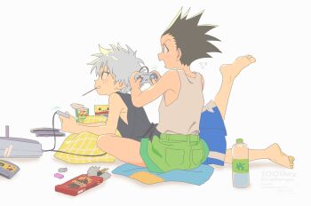 2boys barefoot betti_(xx_betti) black_hair black_tank_top blue_eyes blue_shorts bottle brown_eyes controller flying_sweatdrops food food_in_mouth game_cartridge game_controller gon_freecss green_shorts grin highres holding holding_controller holding_game_controller hunter_x_hunter killua_zoldyck lying male_focus multiple_boys on_stomach open_mouth pillow pocky pocky_in_mouth shorts smile striped_clothes striped_shorts tank_top teeth vertical-striped_clothes vertical-striped_shorts white_background white_hair white_tank_top yellow_pillow