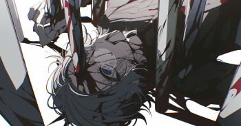 1boy absurdres accookie aotsuki_eito black_jacket blood blood_from_mouth blood_on_clothes blood_on_face blue_eyes death empty_eyes grey_hair guro highres injury jacket looking_afar looking_ahead looking_up lying male_focus on_back planted planted_sword planted_weapon sidelighting solo stab sword the_hundred_line_-last_defense_academy- upper_body weapon
