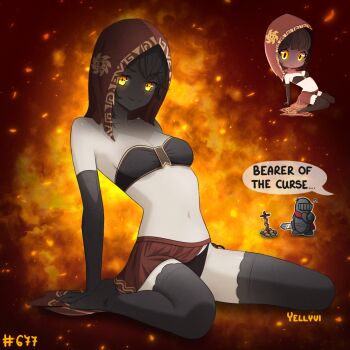 1girl 1other bearer_of_the_curse black_gloves black_panties black_thighhighs black_tube_top bonfire_(dark_souls) breasts chibi chibi_inset closed_mouth colored_skin commentary dark_souls_(series) dark_souls_ii desert_sorceress elbow_gloves english_commentary english_text full_body gloves glowing glowing_eyes grey_skin hood hood_up knight navel original panties red_hood red_skirt showgirl_skirt sitting skirt small_breasts smile solo_focus strapless sword thighhighs tube_top underwear v-shaped_eyebrows wariza weapon yellyvi