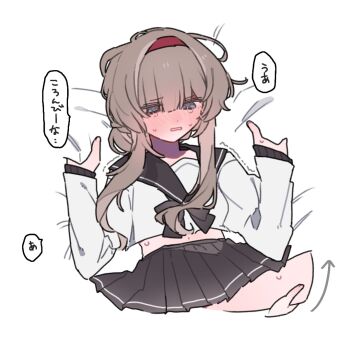 22_rink 2girls bed_sheet black_sailor_collar black_skirt blue_eyes blush brown_hair columbina_(genshin_impact) commentary_request contemporary genshin_impact hairband hand_on_another's_thigh multiple_girls pleated_skirt red_hairband sailor_collar sandrone_(genshin_impact) school_uniform serafuku sheet_grab shirt skirt tears trembling white_shirt yuri