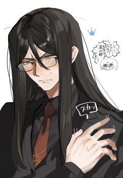 Rule 34 | 1boy, black shirt, black suit, blush, chibi, commentary request, crown, crying, dual persona, fate/grand order, fate (series), formal clothes, grand servant (fate/grand order), grimace, hair between eyes, hand up, head only, highres, long hair, looking down, male focus, necktie, rectangular eyewear, red necktie, shirt, sidelocks, speech bubble, suit, sweat, tokoni fusu, waver velvet, wing collar