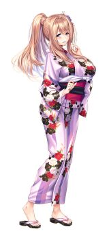 1girl amakano_2 blonde_hair blush breasts floral_print floral_print_kimono flower full_body hair_between_eyes hair_flower hair_ornament hair_up hand_up high_ponytail huge_breasts japanese_clothes kimono long_hair long_sidelocks looking_at_viewer obi official_art pink_kimono pink_sash piromizu ponytail print_kimono purple_eyes sash sidelocks simple_background solo standing tachi-e transparent_background tsutamachi_chitose wide_sleeves