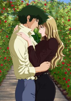 absurdres blonde_hair blue_eyes brown_eyes couple cowboy_bebop curly_hair green_eyes highres hug julia_(cowboy_bebop) nekro-comix spike_spiegel