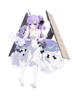 1girl absurdres azur_lane bare_shoulders blush breasts commentary dress elbow_gloves full_body gloves hair_bun halterneck highres long_hair looking_at_viewer medium_breasts open_mouth pantyhose petite purple_eyes purple_hair simple_background single_hair_bun single_side_bun sleeveless sleeveless_dress solo stuffed_animal stuffed_toy stuffed_unicorn stuffed_winged_unicorn unicorn_(azur_lane) white_background white_dress white_gloves white_pantyhose yooluin